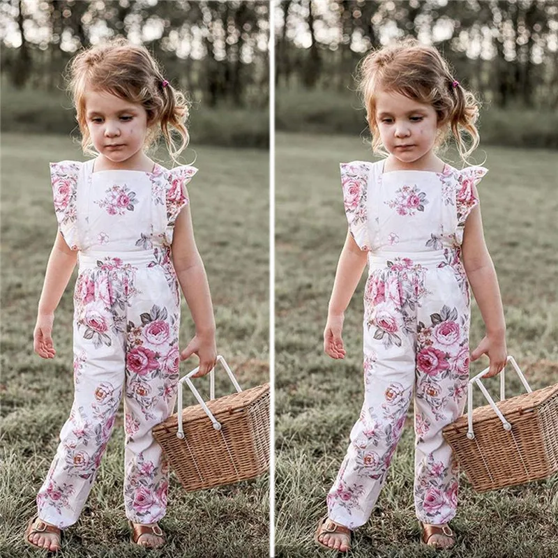 

New born Floral One Piece Clothing Baby Girl Backless Rompers Kids Floral Fly-Sleeve Siamese Jumpsuits Top Sets 1-5Y
