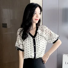 Women's Blouse Polka Dot Print Short Sleeve Chiffon Shirt V-neck Top Ruffle Shirt Blouse Women dot print ruffle crop top