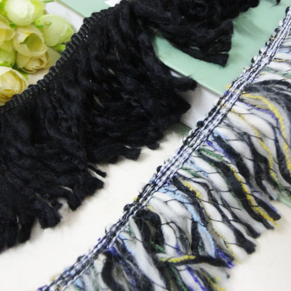 5 yard 5.5 8cm black woolen yarn coat jacket edging tassel fringe tapes