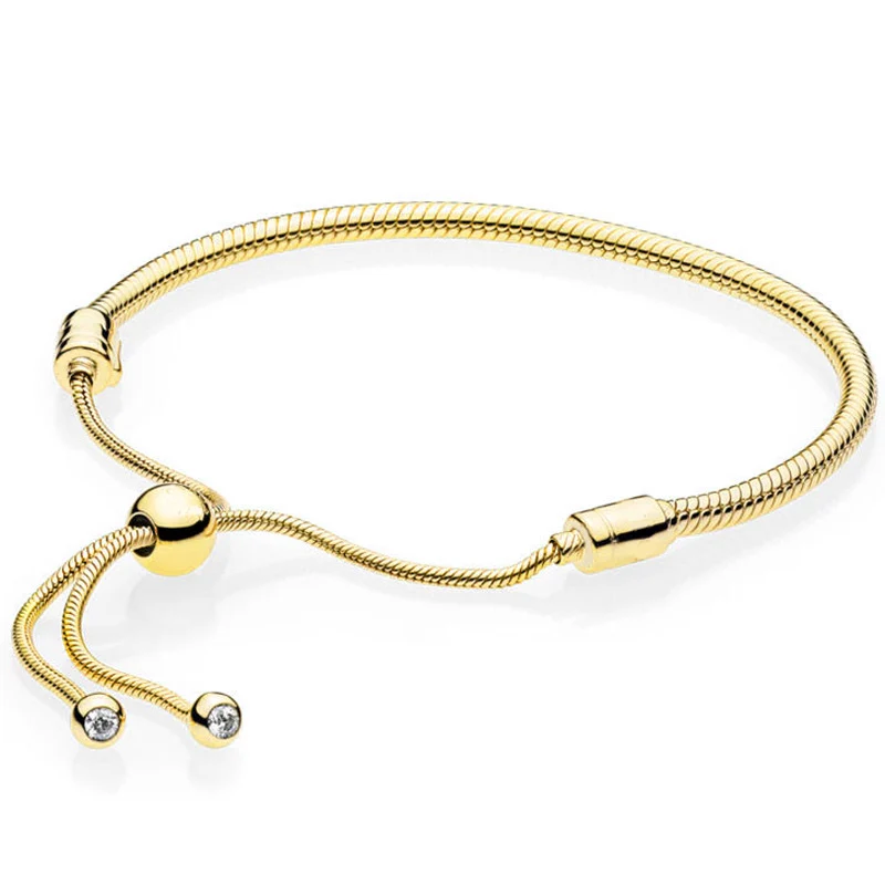 

925 Sterling Silver Bracelet Gold Color Moments Sliding Clasp Adjust Bracelet Bangle Fit Women Bead Charm Diy Pandora Jewelry