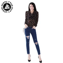 

OCEAN LAND Spring Summer Women Print Chiffon Shirt Sexy Long Sleeve Buttons Vintage Female Blouses