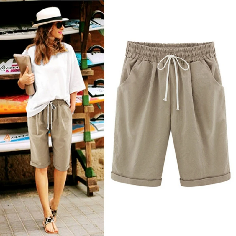 Summer Woman Cotton linen Shorts Plus size Lady Casual Short Trousers Solid Color Khaki black White Green Shorts
