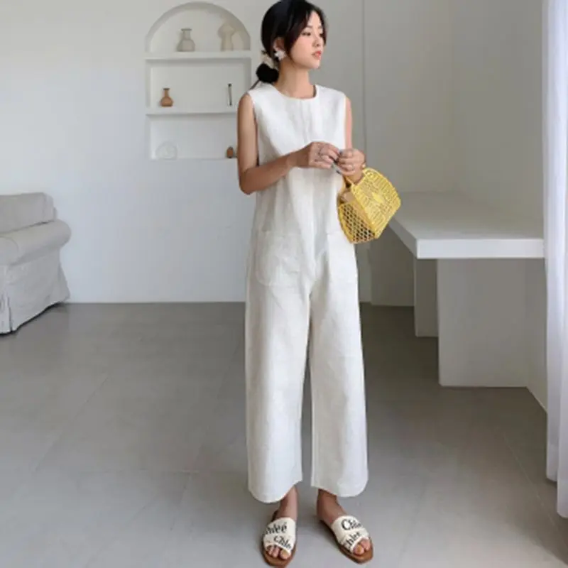 Japan Style Casual Office Ladies Elegant Summer Jumpsuit WomenLoose Straight Plain Simple Beige Travel Beach Female Rompers