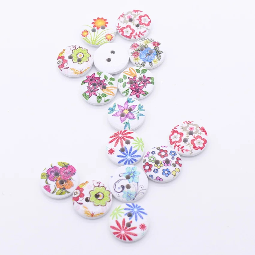 

100 Pcs Printed Flowers Wooden Buttons For Scrapbooking Sewing Craft Randomly Mixed 2 Holes 1.5CM Wood Buttons Botones