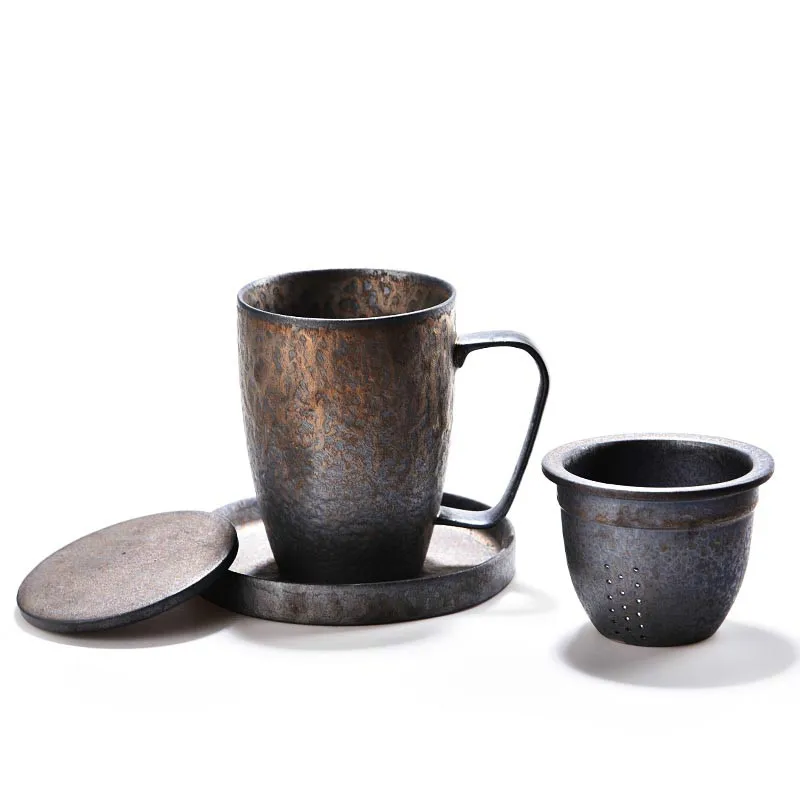 cheap 400ml Vintage Japanese Style Rust Glaze Ceramic Coarse Pottery Mug for Tea Milk Coffee Cup with Saucer Spoon Filter Coffee Mug