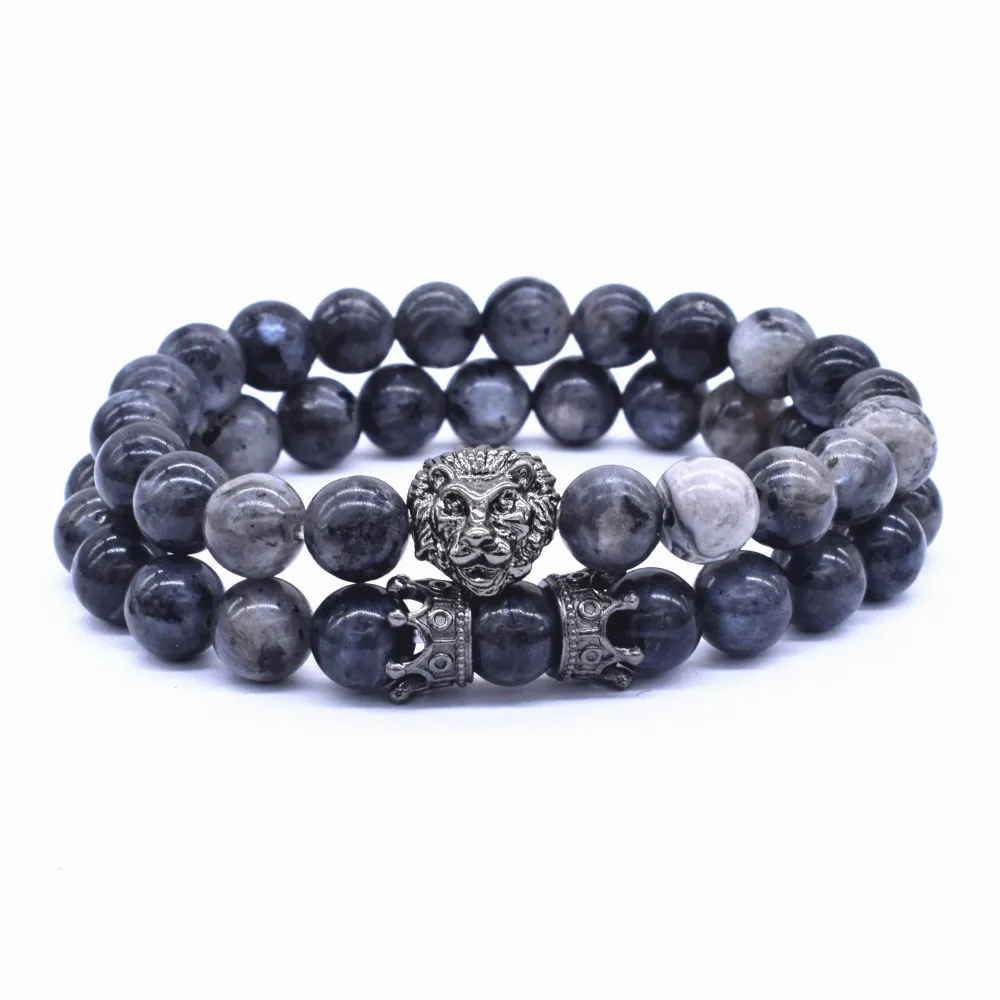 2 Pcs / Set Vintage Lion Head and Crown Charm Bracelet 8mm Natural Lava Stone Beads Bracelet Men 2019 Fashion Jewelry