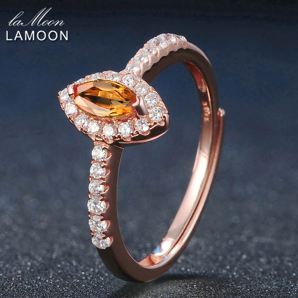 LAMOON Horse Eye Shape Natural Citrine 925 Sterling Silver Jewelry Wedding Ring with S925 For Women LMRI004