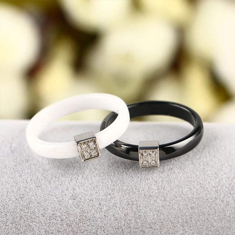 Elegant 3mm Wide Ceramic Women Rings Classic Black White Cute Pink Fashion Bling Crystal Ring Lady Girls Wedding Engagement Gift