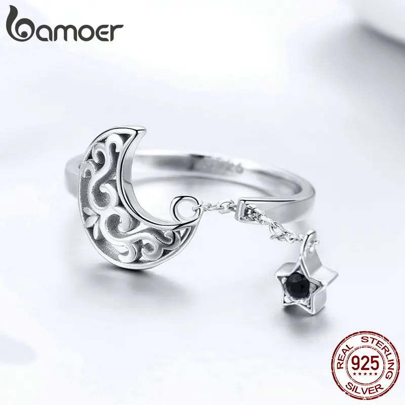 BAMOER Genuine 925 Sterling Silver Moon And Star Long Chain Star Adjustable Finger Ring for Women Sterling Silver Jewelry SCR479