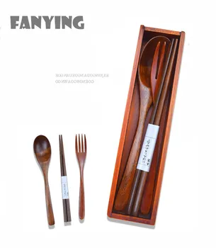 

Japanese Koran Style Original Wooden Dinnerware Set Eco-friendly Spoon Chopstick Fork Lunch Kit Travel Portable Tableware 3 Pcs