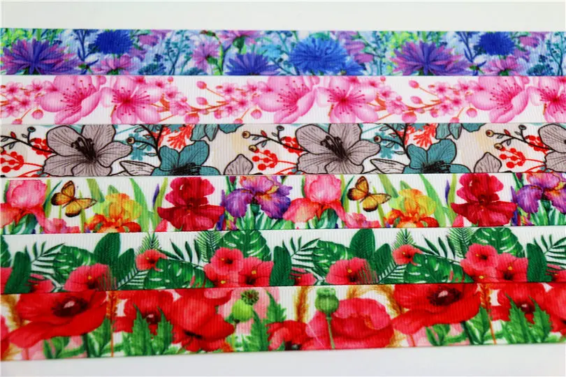 DHK 7/8'' Flowers Cherry Printed Grosgrain Ribbon Accessory Material Headwear DIY Decoration 22mm S759
