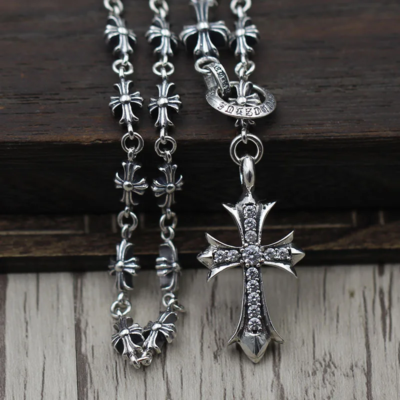 

Thai Silver Cross Adjustable Sweater Chain Sterling Silver 925 Inlaid Crusader Flower Pendant Retro Necklace Chain