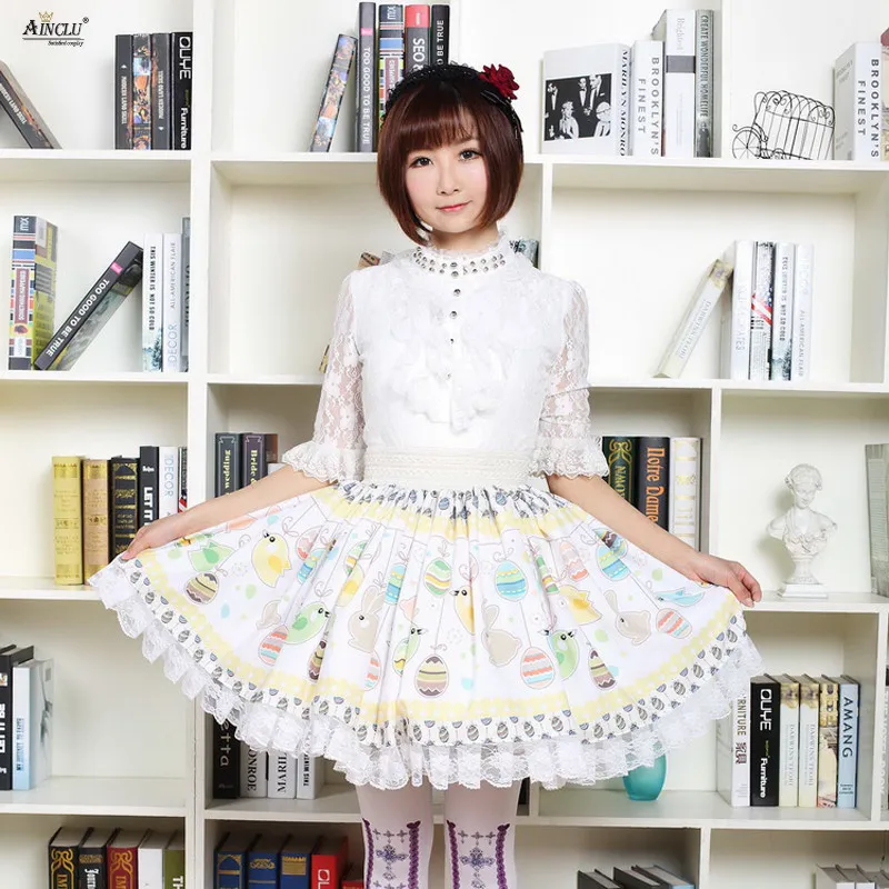 

Women Lace Skirts Japanese Apricot Cute Soft Sister Easter Eggs/Rabbits Printed Pleated Short Summer Skirts XS-XXL