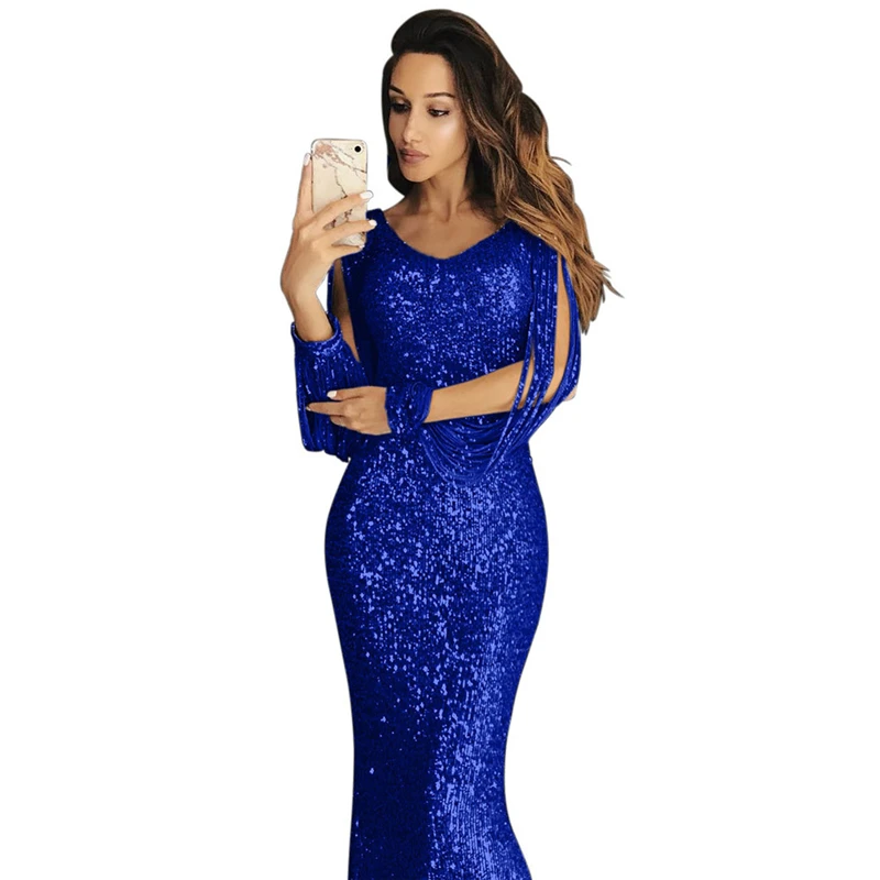 Fendue Parti Maxi cou Manches Bleu longueur Plancher Femmes Longues De V Robes Moulante Bordées Paillettes Robe Club Gland À WqBWPavFSw