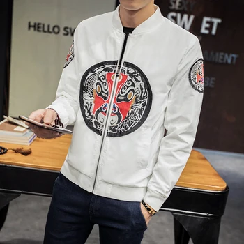 

Chinese Style Jacket Men Make-up Embroidery Black White Bomber Jacket Coat Men Zipper Fashion Mens Windbreaker Casual Outfit Man