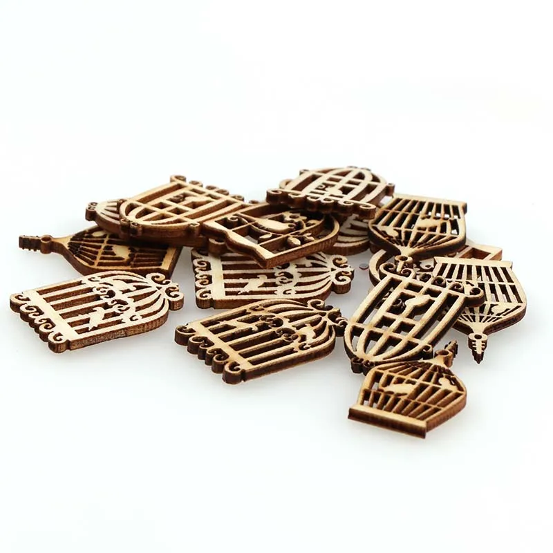 50Pcs DIY Wooden birdcage pendant Embellishments Crafts Scrapbooking Supplies Hand-made Graffiti Buttons