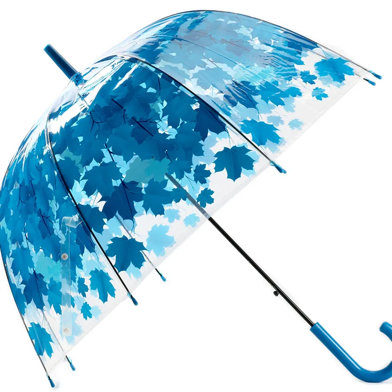 Прозрачная форма гриба Unbrellas прозрачные зонты кленовый лист зеленые листья узор непромокаемый ветрозащитный зонтик с длинной ручкой - Цвет: blue