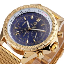 Multifunction Sub-dial ORKINA Men Vogue Luxury Quartz Watch Golden Mesh Metallic Strap Blue Round Dial Hot Sale Classic Gift