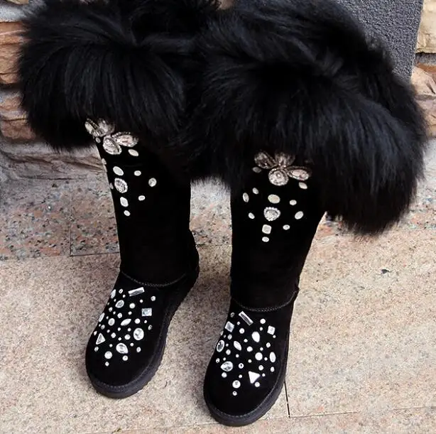 

Girl's Winter Black Bling Rhinestone Embellished Big Fox Tail Fur Over Knee Snow Boots Women Botas Plush Inside Thigh High Boots