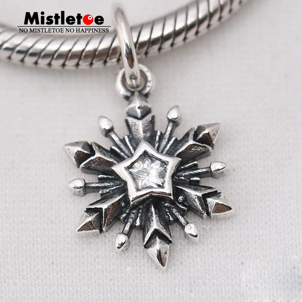 

Authentic 925 Sterling Silver Frozen snowflake silver dangle with cubic zirconia Dangle Charm Fit Eruopean Bracelets Jewelry