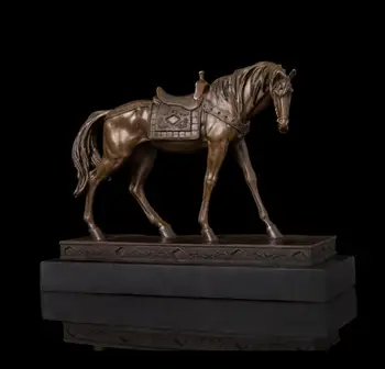 

24CM Western Art Deco Bronze Marble Fine War Horse Equine Art Ornament Sculpture