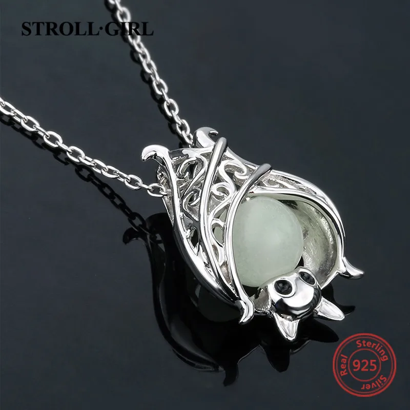 

New arrival 925 sterling silver cute animal bat glowing charms pendant necklace beads chain diy fashion jewelry making for gifts