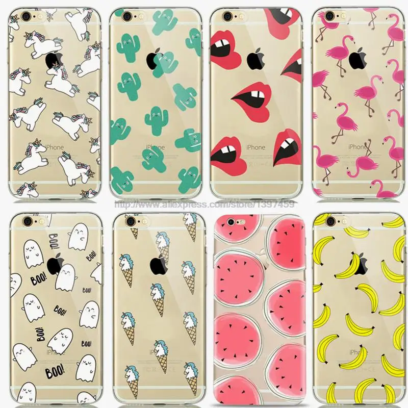 For Iphone 6 Case Fruit Banana Unicorn Transparent Silicone Soft Tpu Cases For Iphone 6s Cactus Cover Lips Flamingo Phone Cover