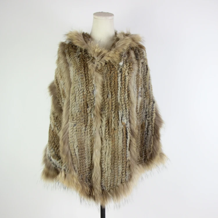 Вязаное пальто из натурального меха енота размера плюс, женская зимняя Роскошная Длинная накидка в полоску с кисточками и меховым капюшоном, пончо из кроличьего меха