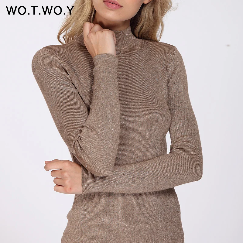 WOTWOY Shiny Lurex Turtleneck Sweater Women Pullover Knitted Slim 2018 Winter Cashmere Sweaters Womens Jumpers Basic Black Pink