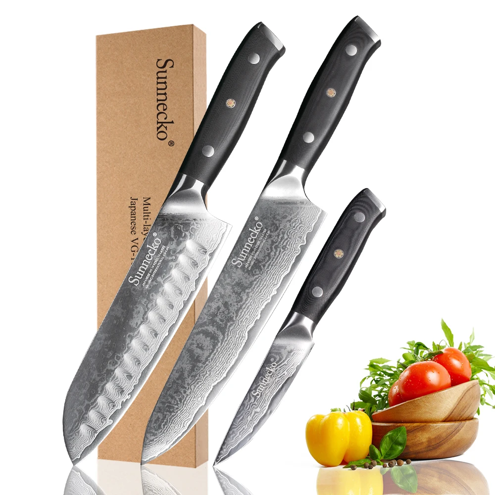SUNNECKO 3PCS Kitchen Knives Set Damascus Steel Santoku Paring Chef
