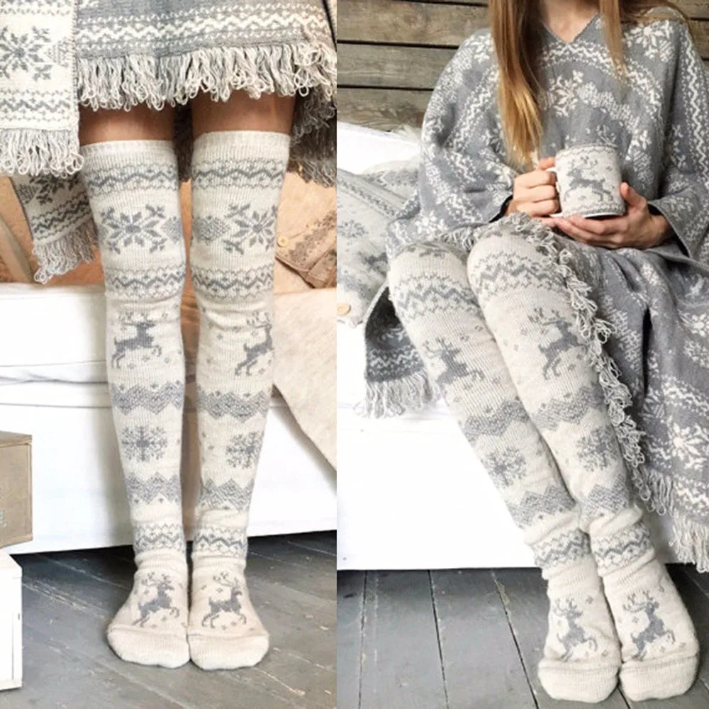 

2018 Women Christmas Thigh High Long Stockings Knit Over Knee Socks Xmas 38