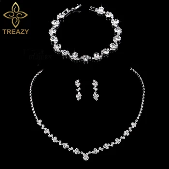 

TREAZY Fashion Rhinestone Crystal Bridal Jewelry Sets Silver Color Choker Necklace Earrings Bracelet Women Wedding Jewelry Sets