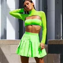 Новые женские флуоресцентные зеленые юбки, одноцветные сексуальные Клубные плиссированные Светоотражающие мини-юбки, летняя модная повседневная юбка