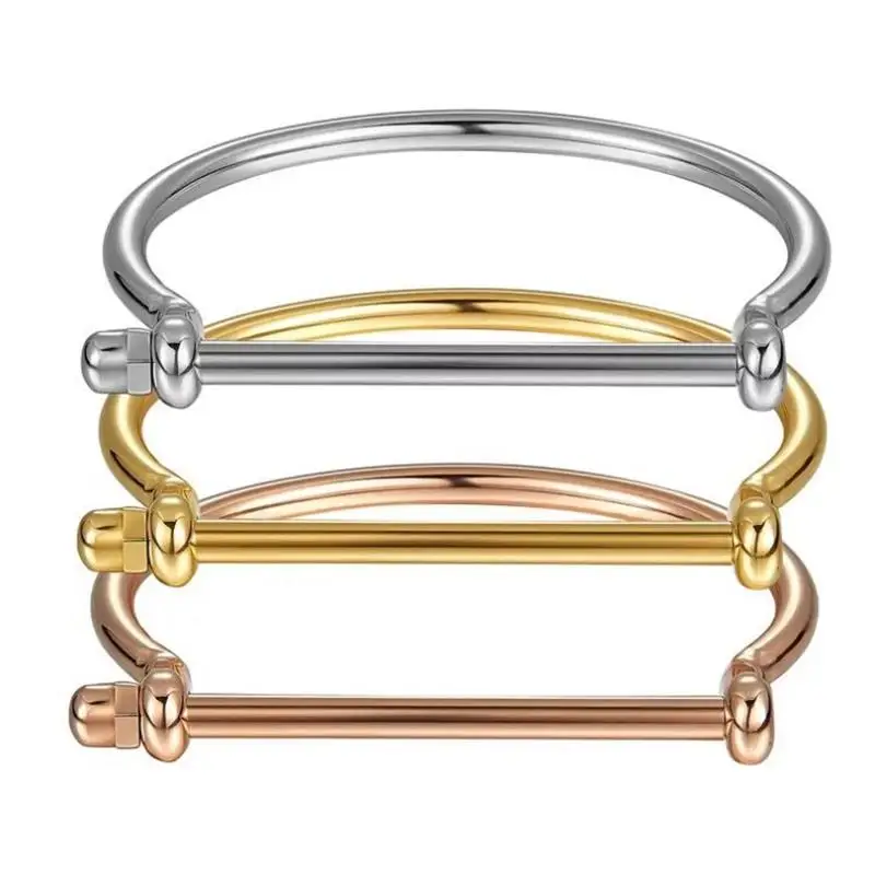 

Vintage Stainless Steel Bracelet Men Horseshoe D Shape Cuff Bracelet & Bangles Gold-Color Screw Bracelets For Women Men Jewelry