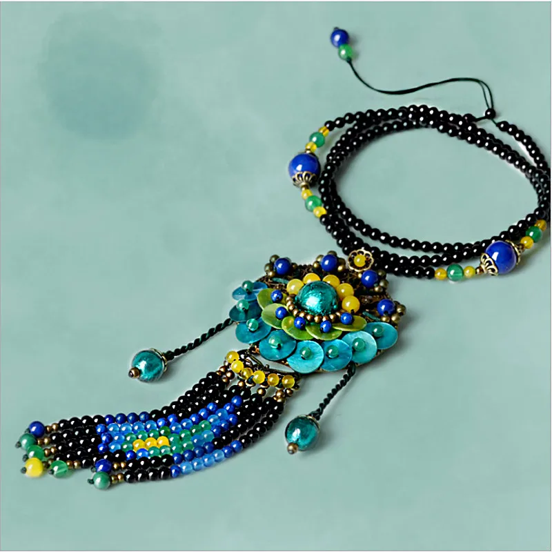 Yanting 2018 Boho Necklace Shell Bronze Alloy Flower Pendants Long Tassel Necklace For Women Natural Stone Maxi Necklaces 043 (3)