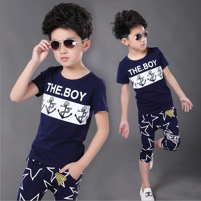 Children Boys Clothing Set Cotton Summer Navy Blue White Pullover