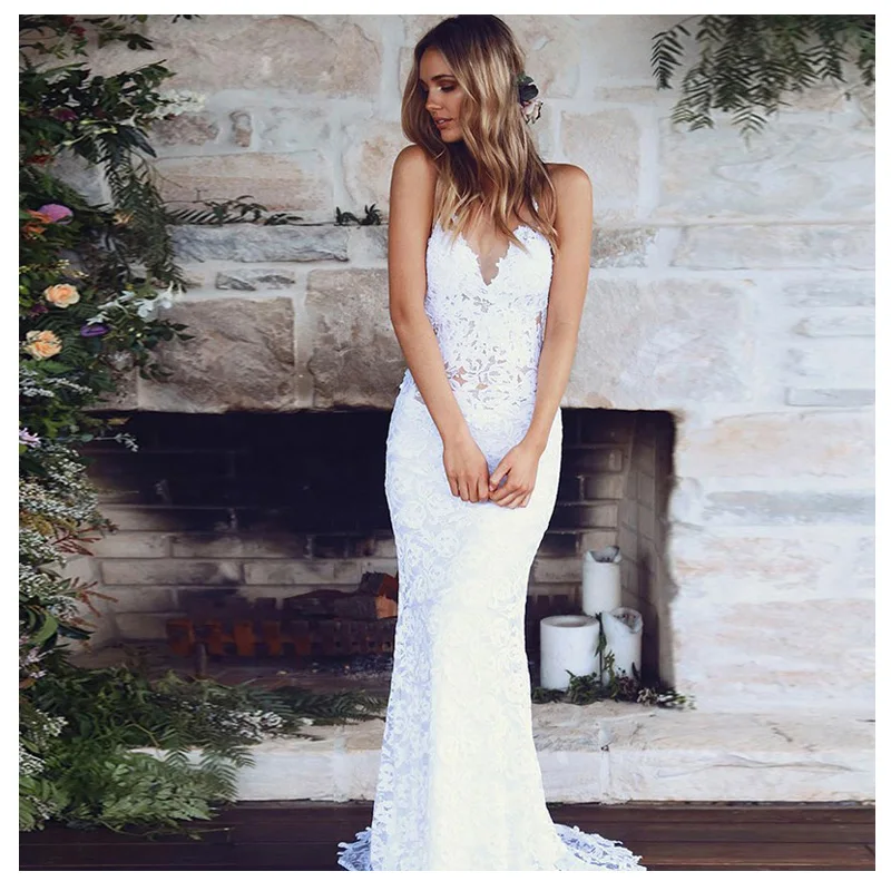 Lorie Lace Wedding Dress Spaghetti Straps 2019 Simple Mermaid