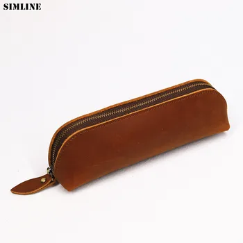 

Genuine Leather Coin Purse Pen Bags Crazy Horse Men Vintage Handmade Zipper Long Wallet Money Bag Glasses Case Change Purses