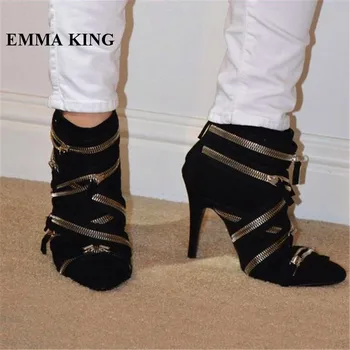 

EMMA KING 2018 Brand Design Metal Zipper Embellished Studded Black Women Booties High Heels Ladies Party Dress Ankle Boots Women