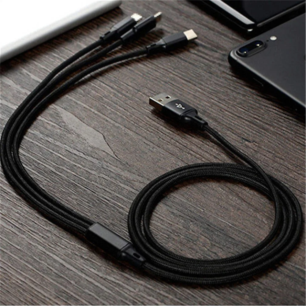 Для iPhone6 7/Android/type C 3 в 1 Micro USB 1,2 м кабель Универсальный 2.4A Быстрая зарядка для мобильных телефонов Кабели для зарядки 8-контактный быстрый - Тип штекера: Black