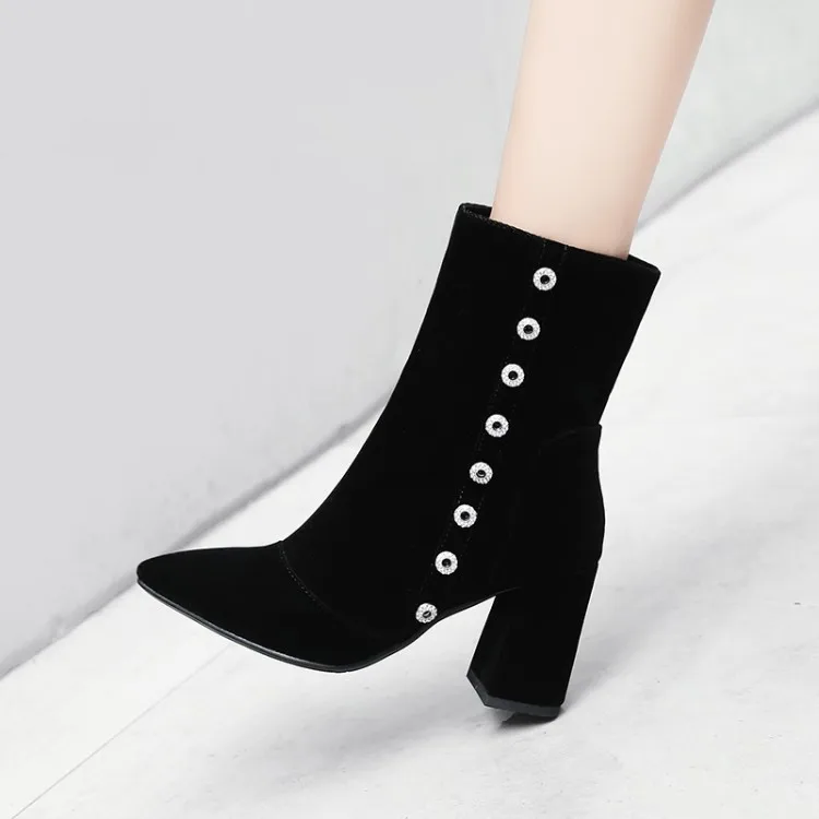 

Big Size 9 10 11 Tip zipper water drill decoration boots with thick heels
