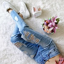 High Quality Cotton Skinny Ripped Jeans for Women Pencil Pants Casual Trousers For Ladies Blue Mid Waist Denim Pencil Jeans P45