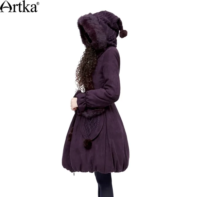 Cheap Artka Women's Winter Casual Rabbit Fur Quilted Coat Big Hoodie Knitted Belt Solid Cotton Warm Outerwear Padded Coat MA10621D