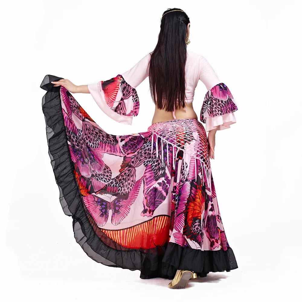 360 градусов Цыганская юбка с принтом бабочки, цыганские костюмы для танца живота, племенная богемная юбка для танца живота, костюмы для фламенко, 2 шт