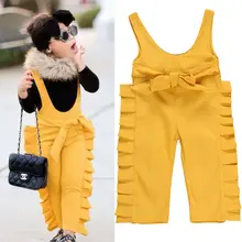 Летние Одежда для детей; малышей; девочек модный комбинезон ремни-подтяжки комбинезон сбоку комбинезон с оборками на ремешке на шнуровке Длинные брюки одежда желтого цвета
