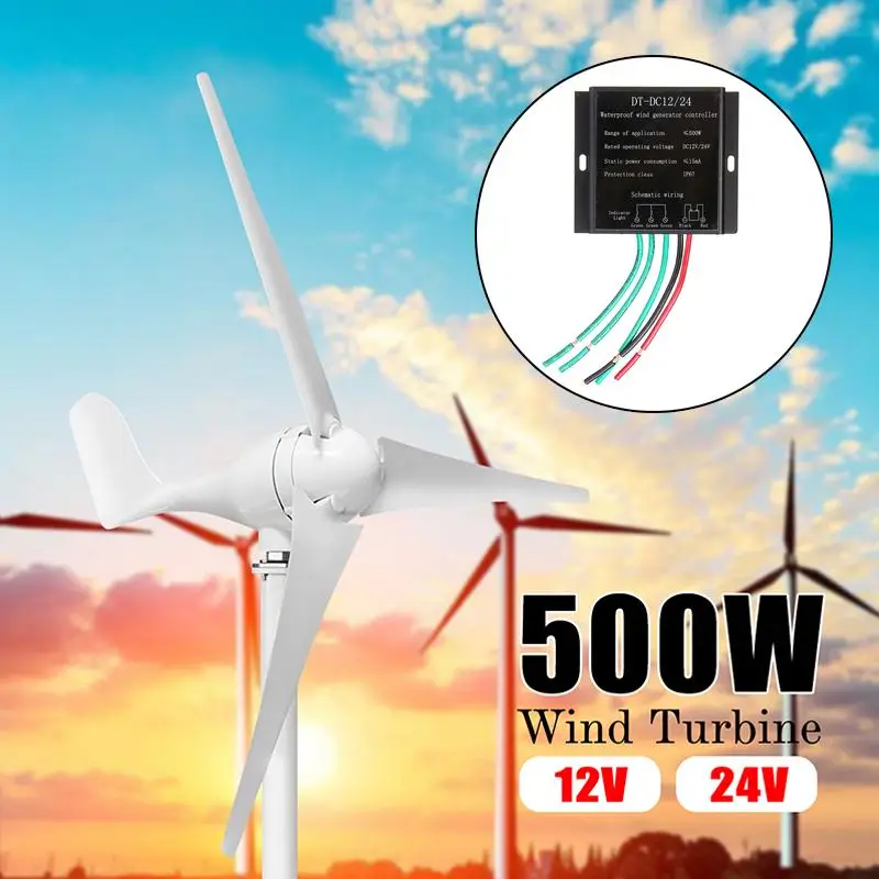 

Real 500W Wind Generator+Controller 12V 24 Volt 3 Nylon Fiber Blade Horizontal Home Wind Turbines Power Energy Turbines Charge