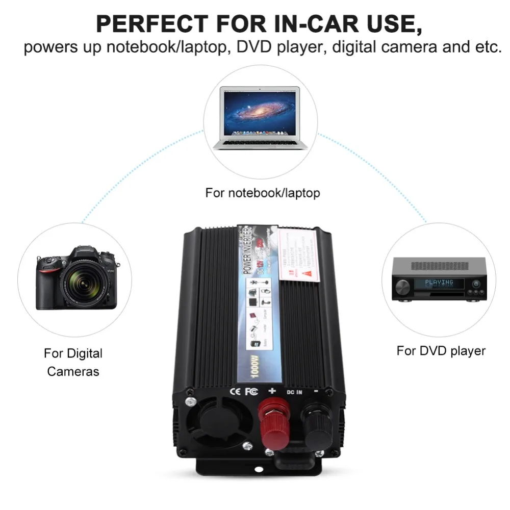 

Oversea 1000W DC 12V to AC 220V Car Power Inverter Converter USB Charger Adapter Cigarette Lighter Plug Power Converter Inverter