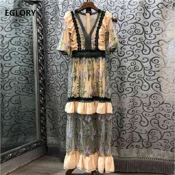 

Top Quality New 2019 Summer Elegant Party Evening Vestidos Women V-Neck Allover Luxurious Embroidery Long Dresses Festival