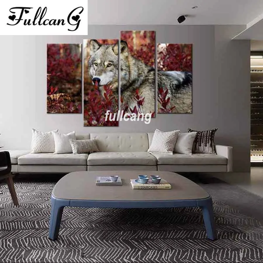 

FULLCANG 4PCS/Set Full Square Diamond Embroidery Wolf Diy 5D Diamond Painting Cross Stitch Mosaic Home Decoration F882