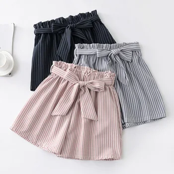 

New Summer Houndstooth Bow Sashes Striped Shorts Women Elegant Slim Thin Plaid Wide Leg Shorts Loose High Waist Dot Shorts Mw468